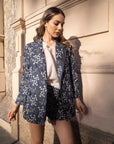 Completo 100% cotone blazer e shorts tela denim con ricami